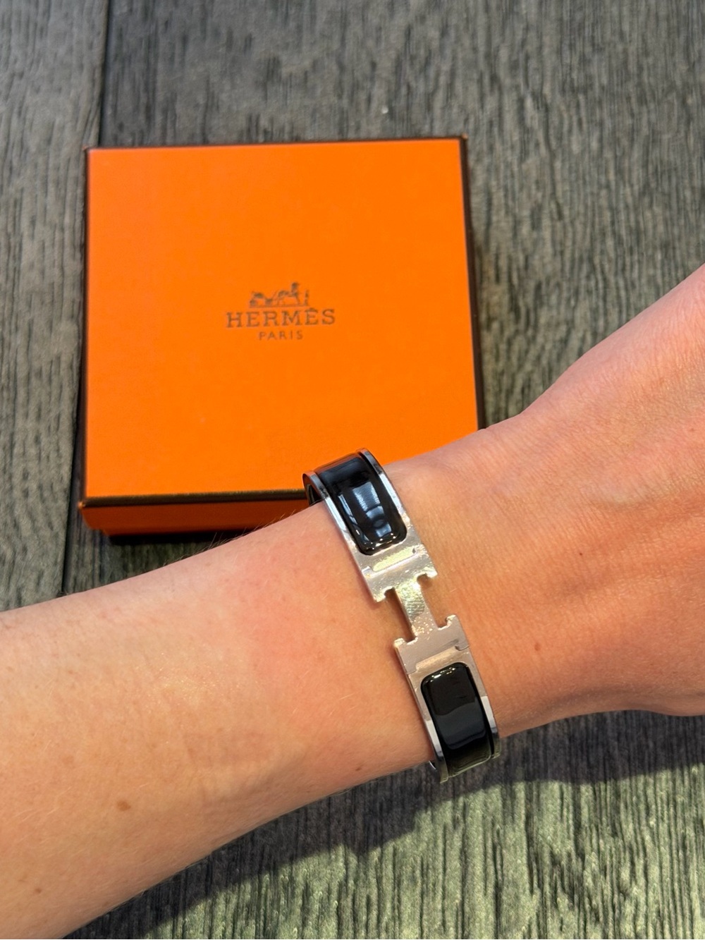 Hermes Black Enamel Clic H Bracelet with Silver Hardware